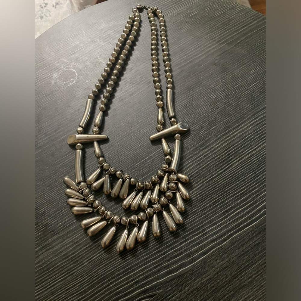 Statement silver tone  Beaded Fringe Necklace - Bold Metallic Accent